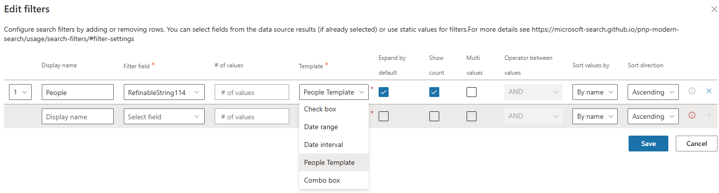 "Filter settings panel"