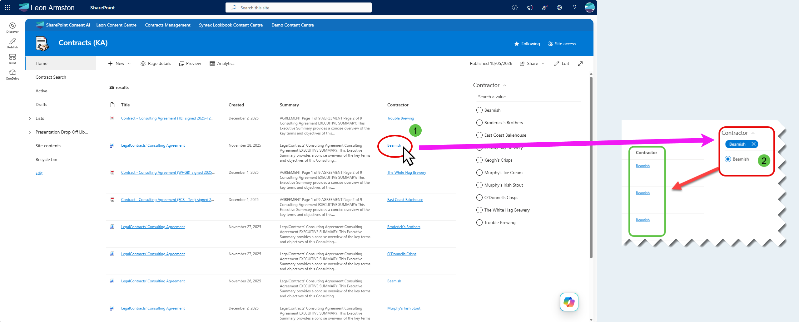 A column value rendered as a clickable filter link