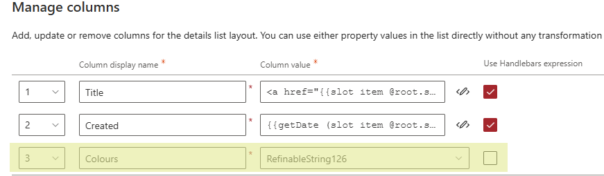 Configure PnP Search Result WebPart - Managed columns