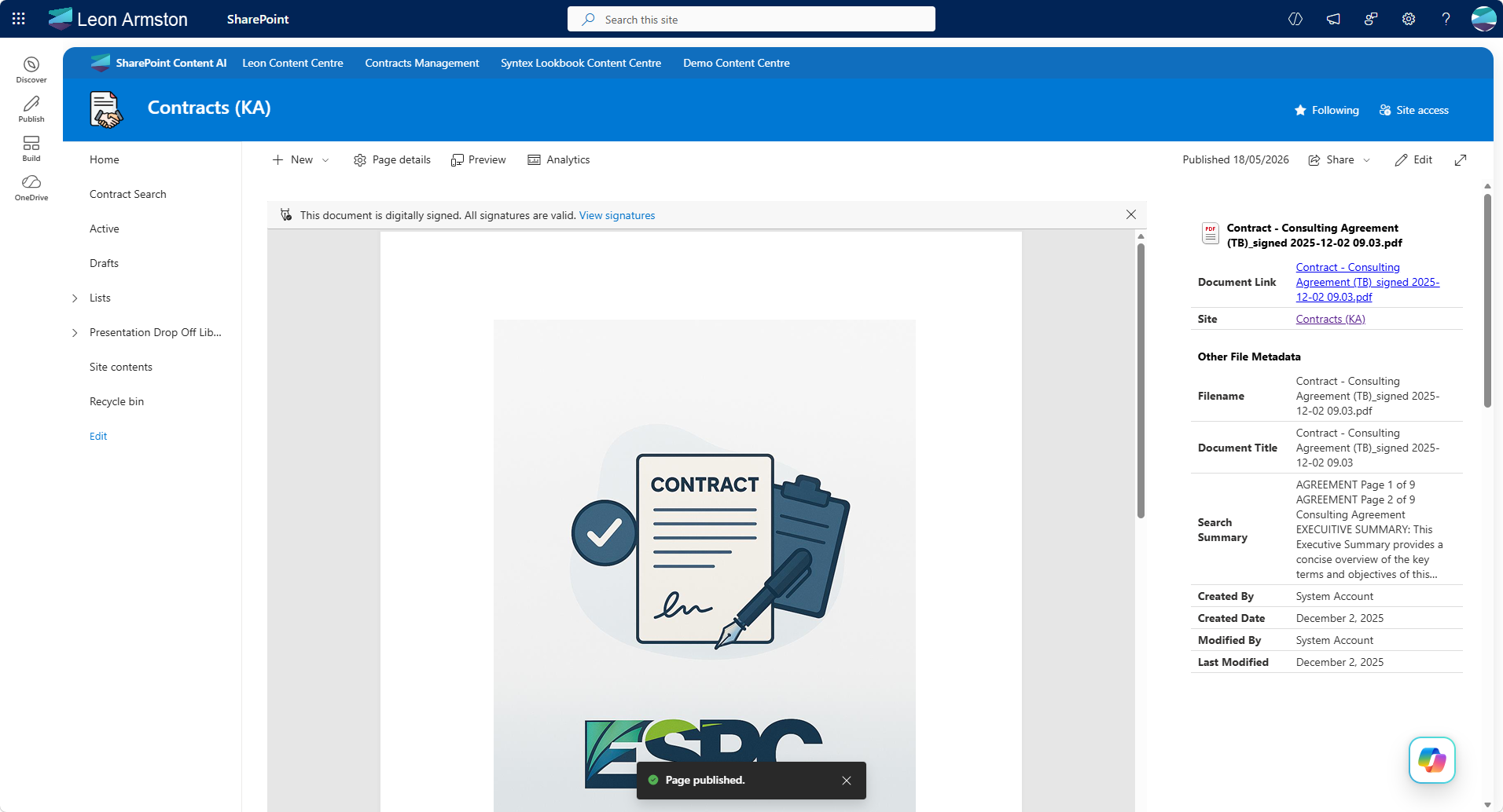 The finished document viewer page showing a PDF in an iframe with metadata on the right