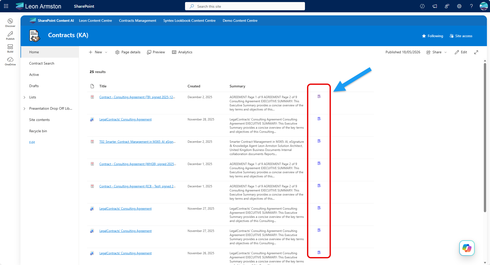 Search results list showing the view icon column on the right